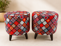 Boho Printed Puffy Stool Pair – Colorful Mandala Footstool with Wooden Legs