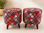 Boho Printed Puffy Stool Pair – Colorful Mandala Footstool with Wooden Legs