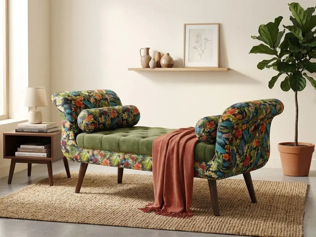 Luxury Tufted Floral Chaise Bench