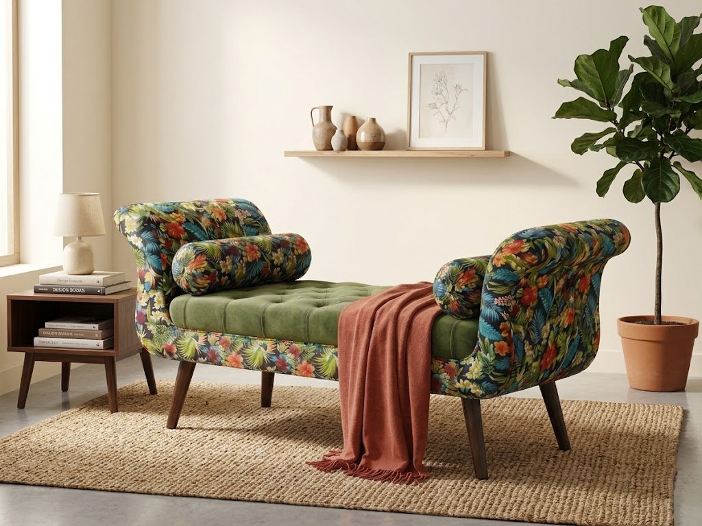 Luxury Tufted Floral Chaise Bench