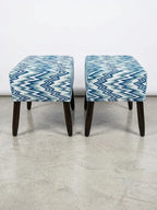 Blue & White Geometric Upholstered Ottoman Stool Pair – Solid Kikar Wood & MoltyFoam