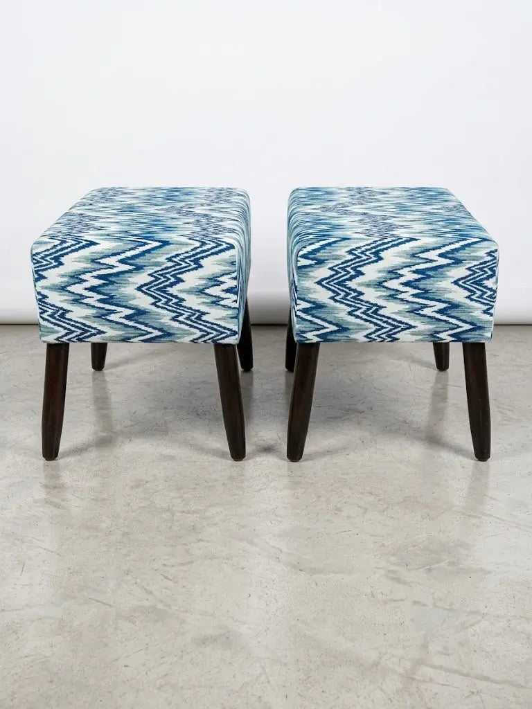 Blue & White Geometric Upholstered Ottoman Stool Pair – Solid Kikar Wood & MoltyFoam