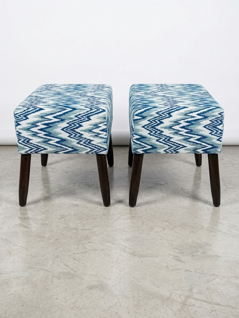 Blue & White Geometric Upholstered Ottoman Stool Pair – Solid Kikar Wood & MoltyFoam
