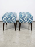 Blue & White Geometric Upholstered Ottoman Stool Pair – Solid Kikar Wood & MoltyFoam