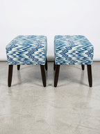 Blue & White Geometric Upholstered Ottoman Stool Pair – Solid Kikar Wood & MoltyFoam