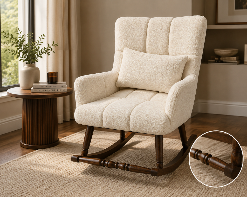 Handcrafted Upholstered Rocking Chair – Solid Kikar Wood &amp; Comfortable Foam