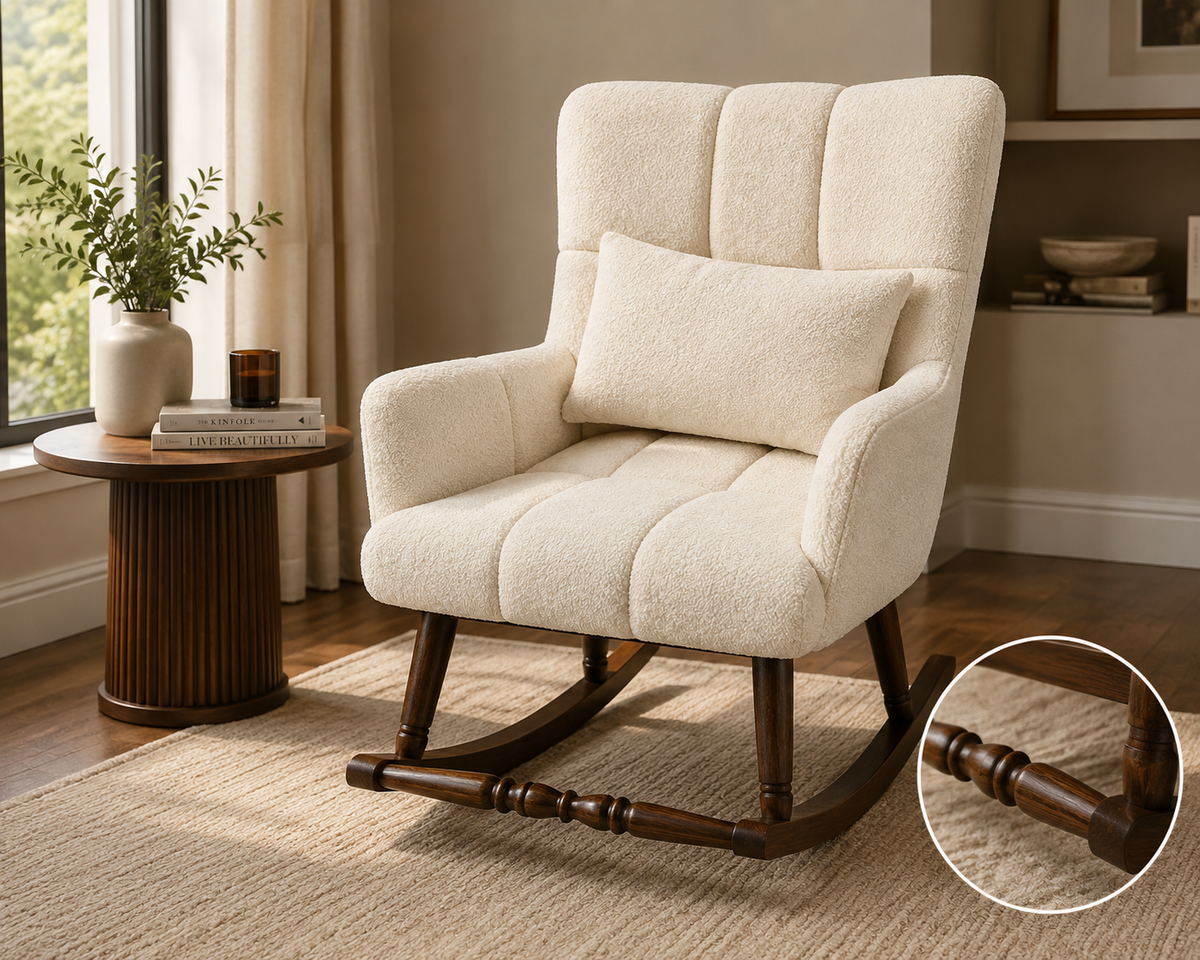 Handcrafted Upholstered Rocking Chair – Solid Kikar Wood &amp; Comfortable Foam
