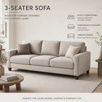 A 3-seater sofa in a light beige fabric, styled in a modern living room setting with a matching rug, wooden side table, and decorative pillows. Text overlays on the right highlight the sofa's features.
