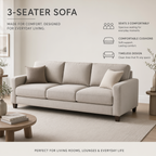 A 3-seater sofa in a light beige fabric, styled in a modern living room setting with a matching rug, wooden side table, and decorative pillows. Text overlays on the right highlight the sofa's features.