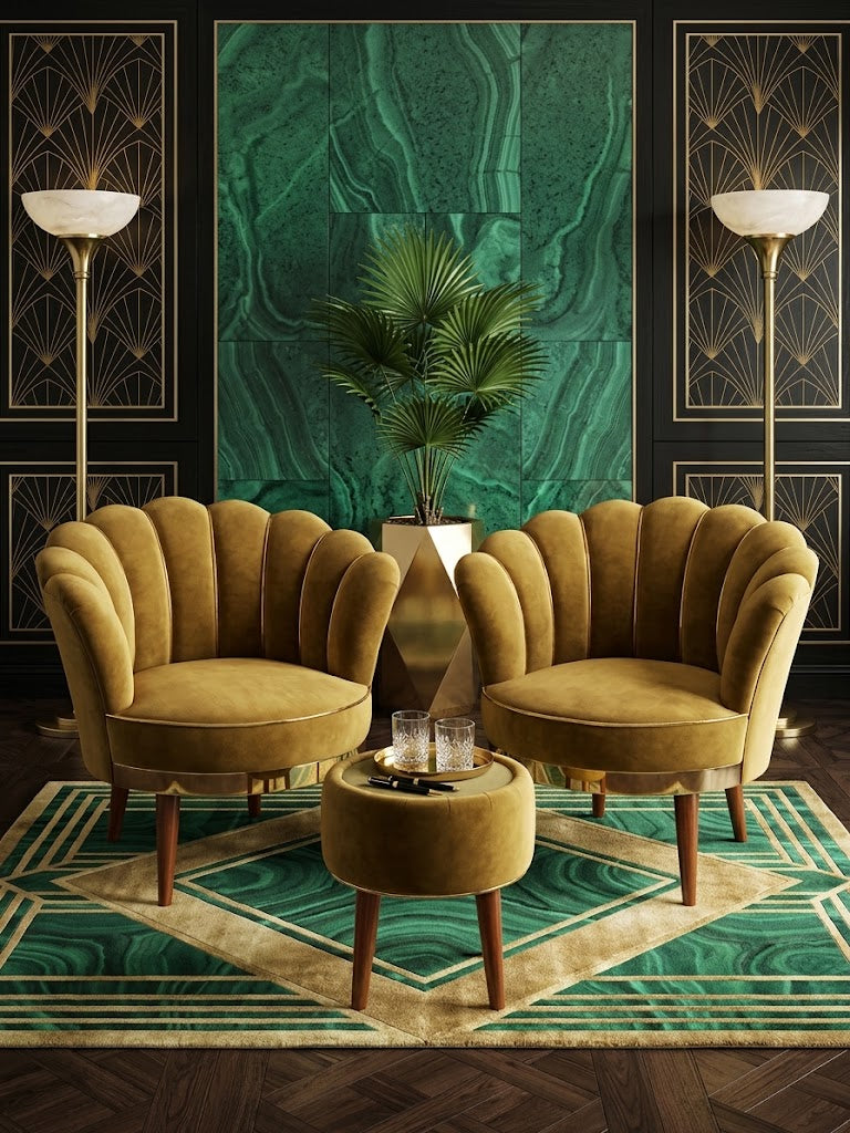 A luxury Art Deco lounge set featuring two scalloped mustard yellow velvet armchairs and a matching round ottoman, arranged on a green and gold patterned rug in front of a green marble wall panel.