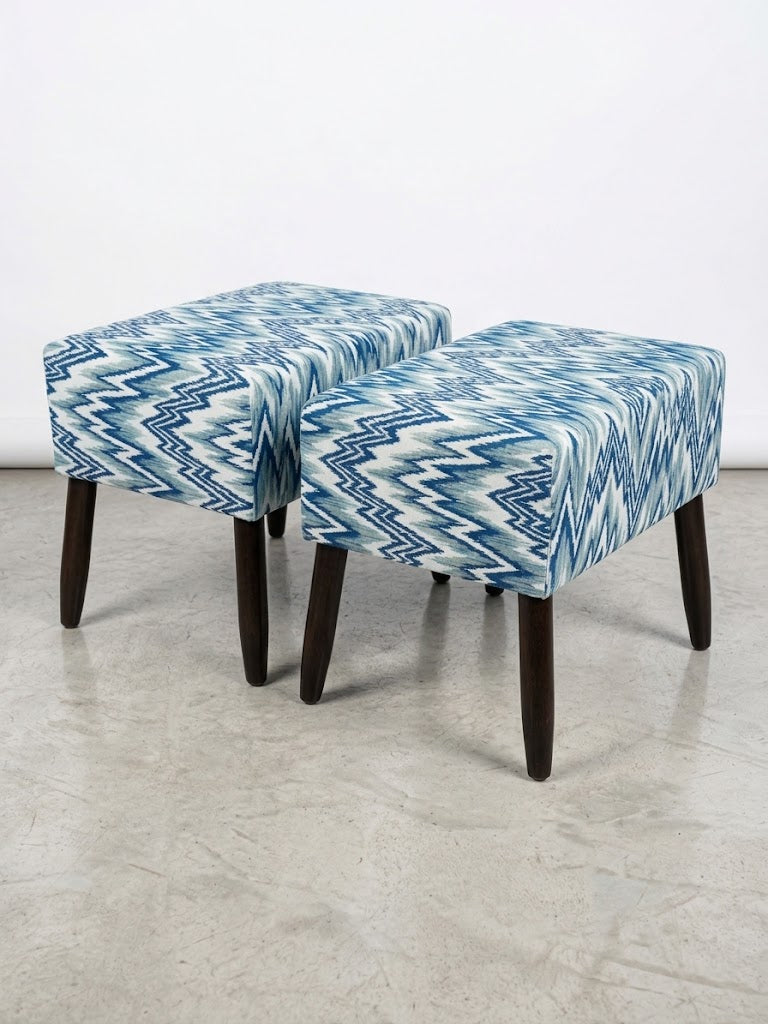 Blue & White Geometric Upholstered Ottoman Stool Pair – Solid Kikar Wood & MoltyFoam