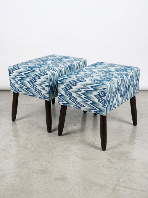 Blue & White Geometric Upholstered Ottoman Stool Pair – Solid Kikar Wood & MoltyFoam