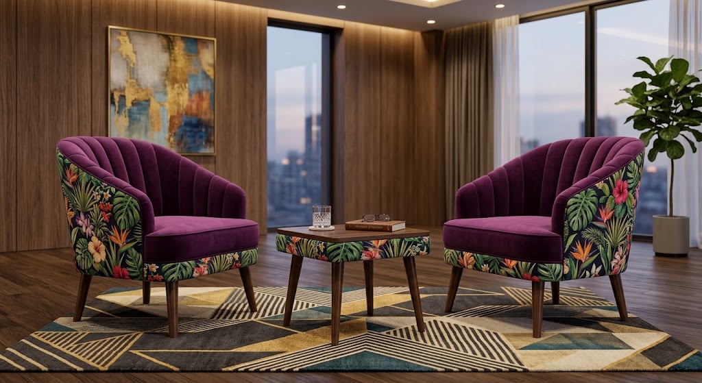 Royal Purple Velvet Accent Chair Set of 2 with Matching Table