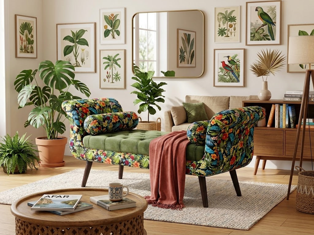 Luxury Tufted Floral Chaise Bench