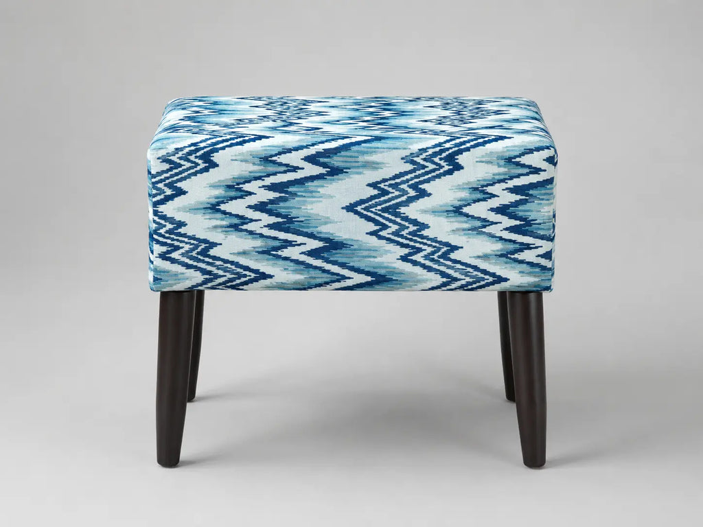 Blue & White Geometric Upholstered Ottoman Stool Pair – Solid Kikar Wood & MoltyFoam