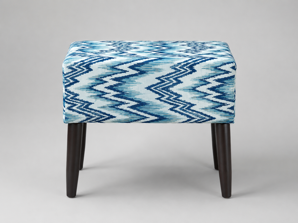 Blue & White Geometric Upholstered Ottoman Stool Pair – Solid Kikar Wood & MoltyFoam