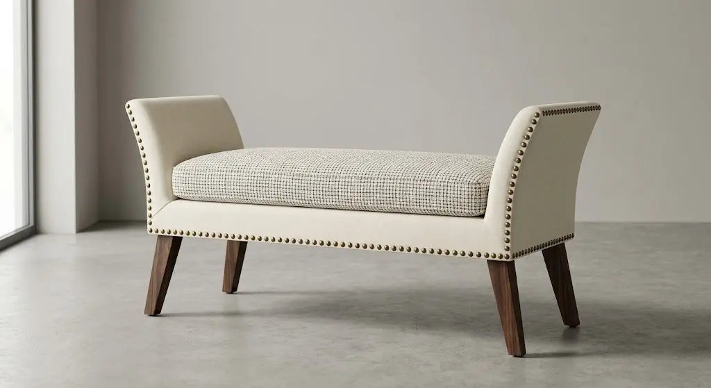 Handcrafted Nailhead Trim Upholstered Bench – Solid Kikar Wood & MoltyFoam