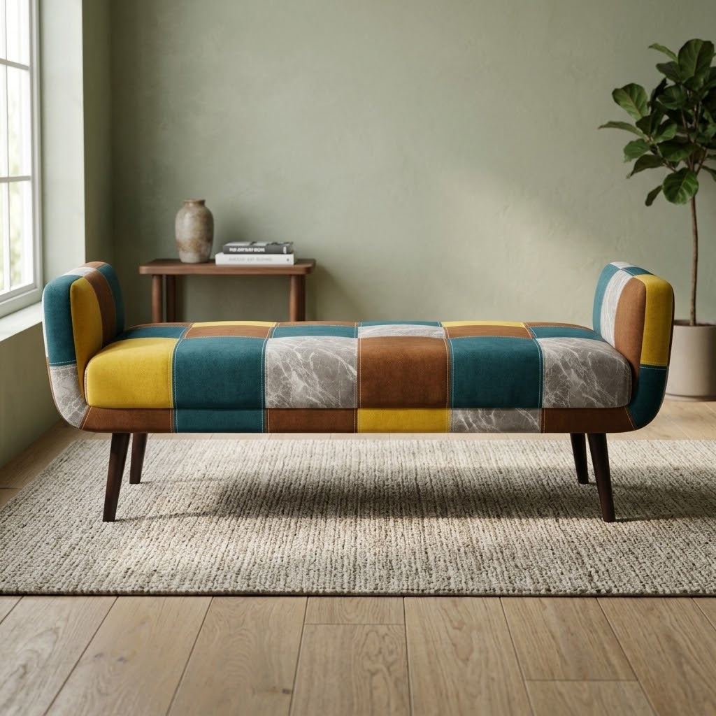 A mid-century modern patchwork bench with colorful upholstered cushions in yellow, teal, brown, and marble-patterned panels, supported by dark wooden legs, set in a styled room with a green wall, wooden floor, and a plant.