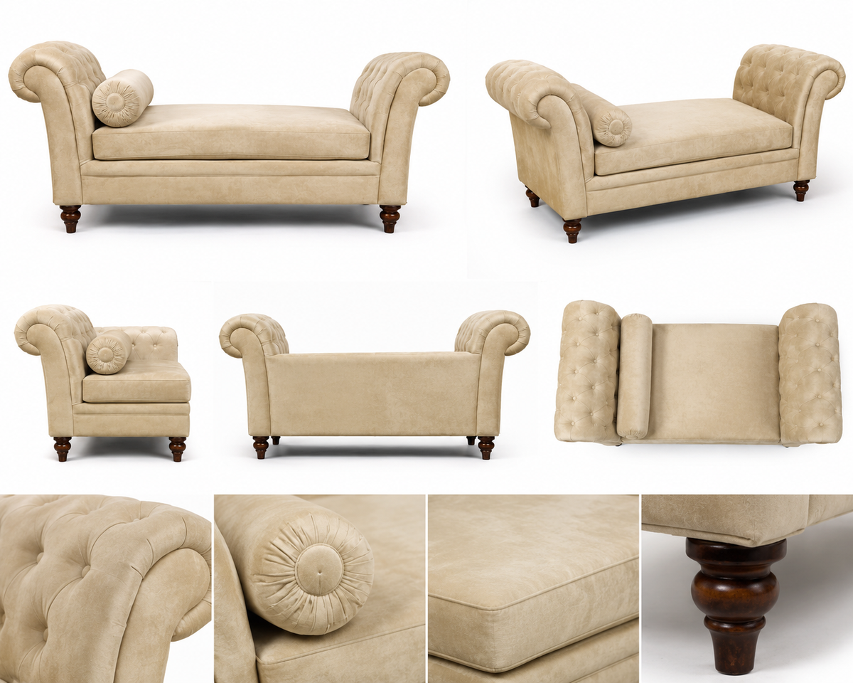 A beige upholstered chaise lounge shown from multiple angles on a white background, including front, side, and close-up detail views. The piece has rolled arms, tufted detailing, dark wooden legs, and a round matching pillow.