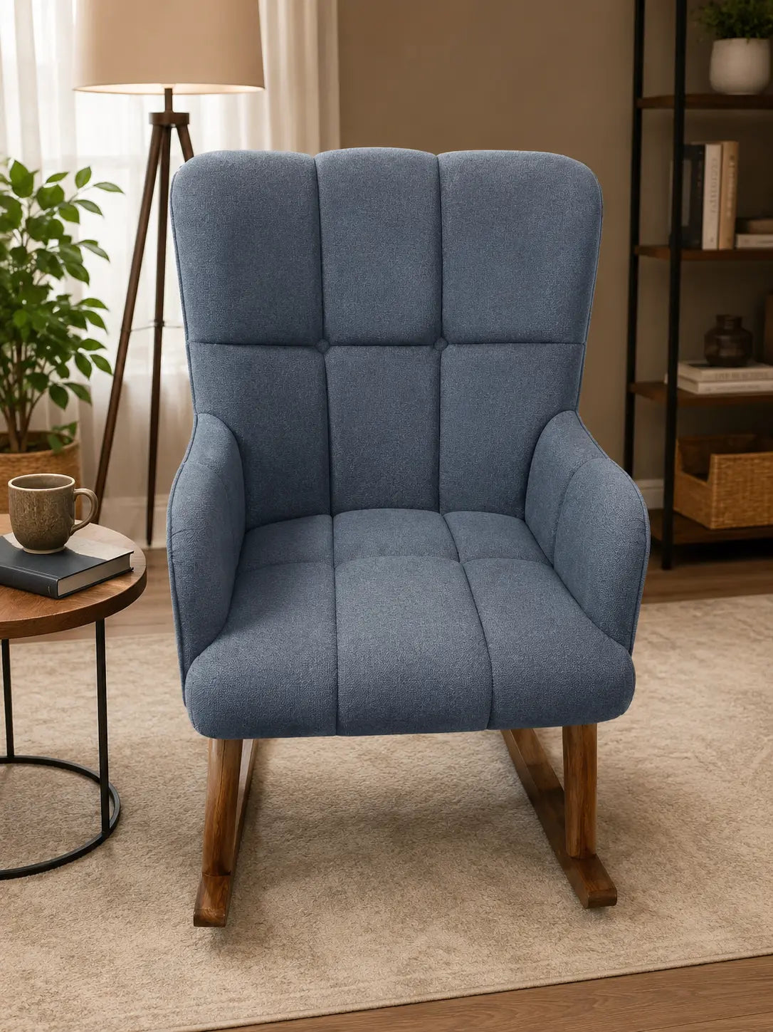 A blue upholstered rocking armchair with a high back, padded channel tufting, and wooden rocking legs, shown in a styled living room setting.