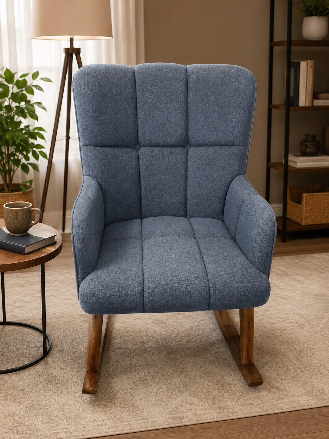 A blue upholstered rocking armchair with a high back, padded channel tufting, and wooden rocking legs, shown in a styled living room setting.