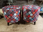 Boho Printed Puffy Stool Pair – Colorful Mandala Footstool with Wooden Legs
