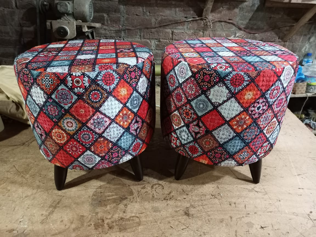 Boho Printed Puffy Stool Pair – Colorful Mandala Footstool with Wooden Legs
