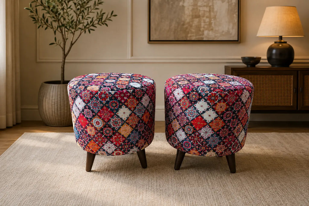 Boho Printed Puffy Stool Pair – Colorful Mandala Footstool with Wooden Legs