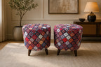 Boho Printed Puffy Stool Pair – Colorful Mandala Footstool with Wooden Legs