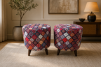 Boho Printed Puffy Stool Pair – Colorful Mandala Footstool with Wooden Legs