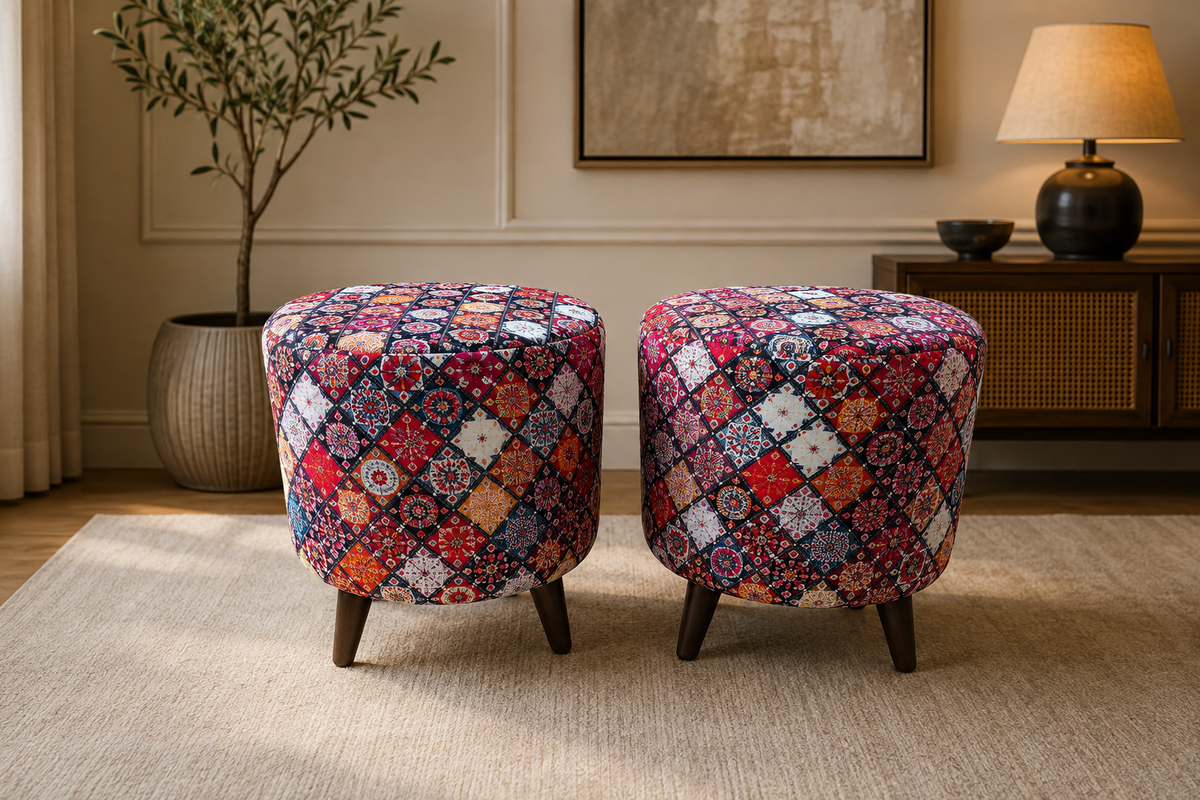 Boho Printed Puffy Stool Pair – Colorful Mandala Footstool with Wooden Legs