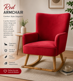 A red upholstered rocking armchair with a wooden frame and curved rockers, shown in a styled living room setting with text callouts on the left describing comfort and design features.