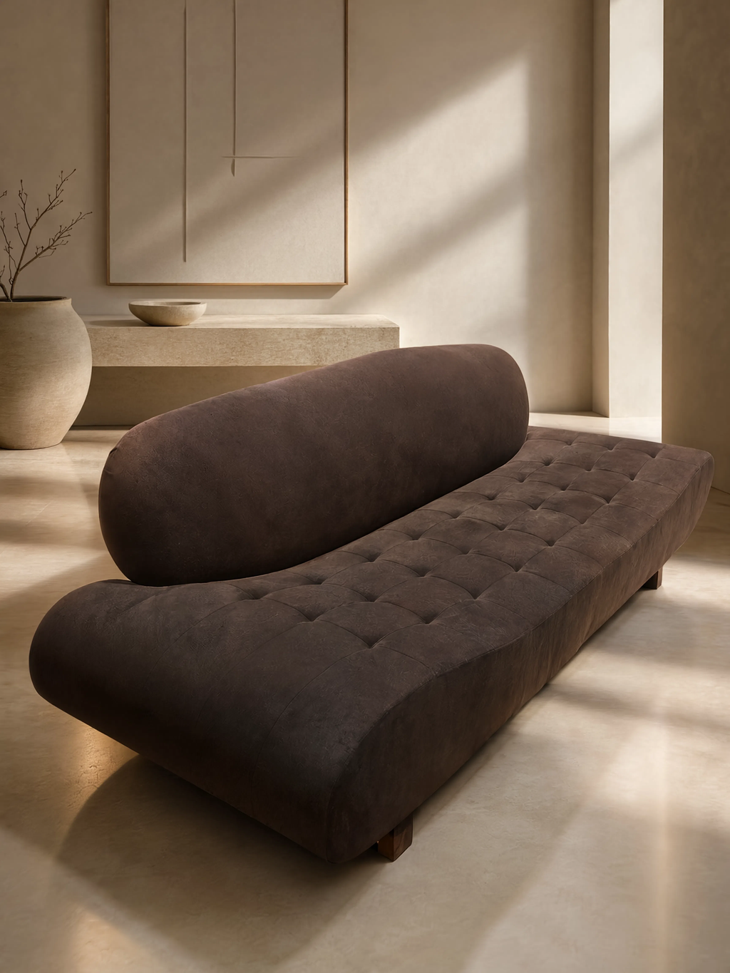 A modern curved lounge chair in dark brown tufted fabric, styled in a minimalist beige room with warm sunlight and shadows.