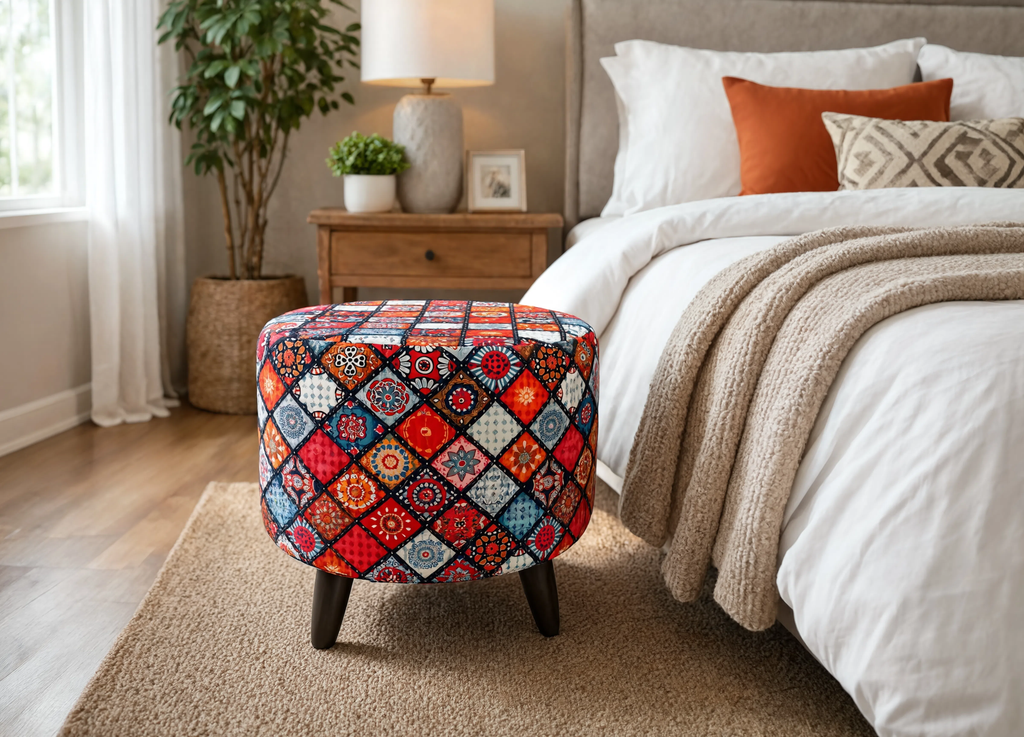 Boho Printed Puffy Stool Pair – Colorful Mandala Footstool with Wooden Legs