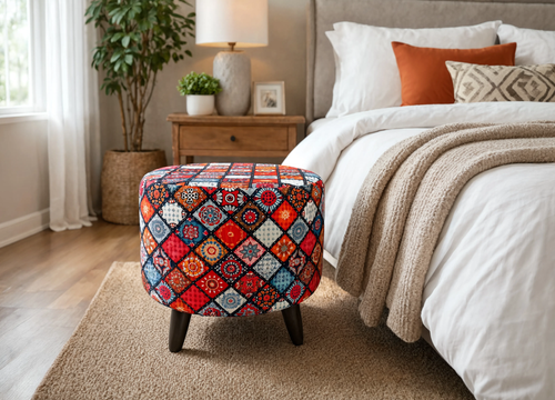 Boho Printed Puffy Stool Pair – Colorful Mandala Footstool with Wooden Legs