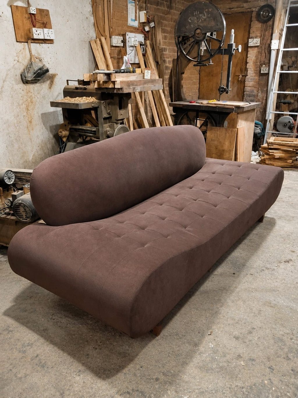 A curved, tufted daybed in a brown bouclé fabric, photographed in a cluttered workshop environment with wood panels, tools, and in a workshop.