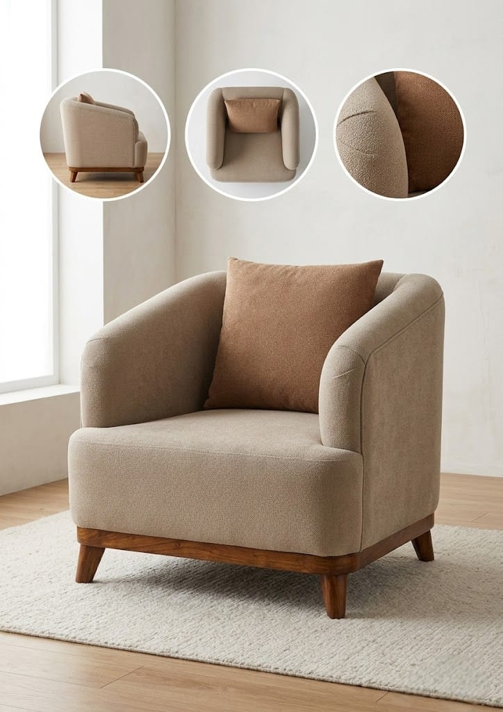Modern Bouclé Upholstered 5-Seater Sofa – Solid Kikar Wood & Molty Foam