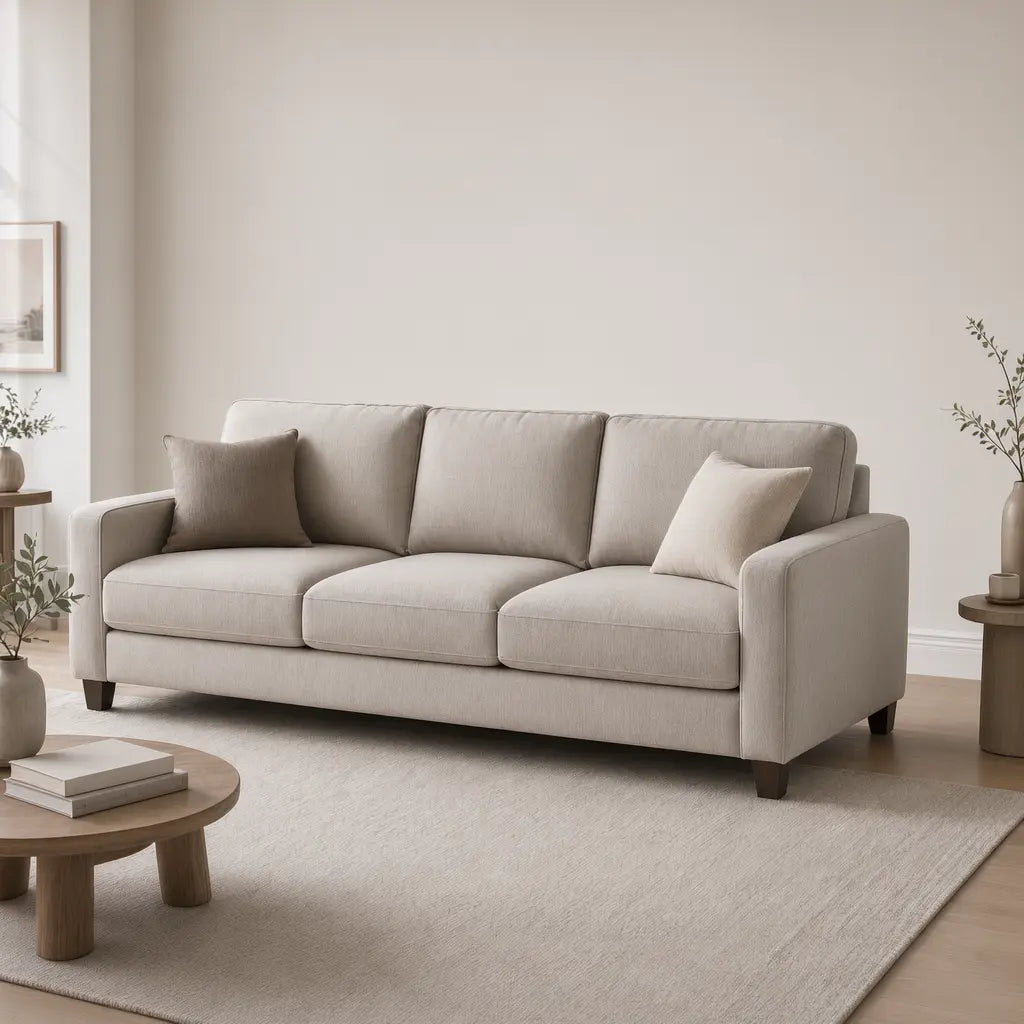A light beige upholstered three-seat sofa with two matching throw pillows, shown in a minimalist living room setting with a wooden coffee table, a large neutral rug, and soft natural light.