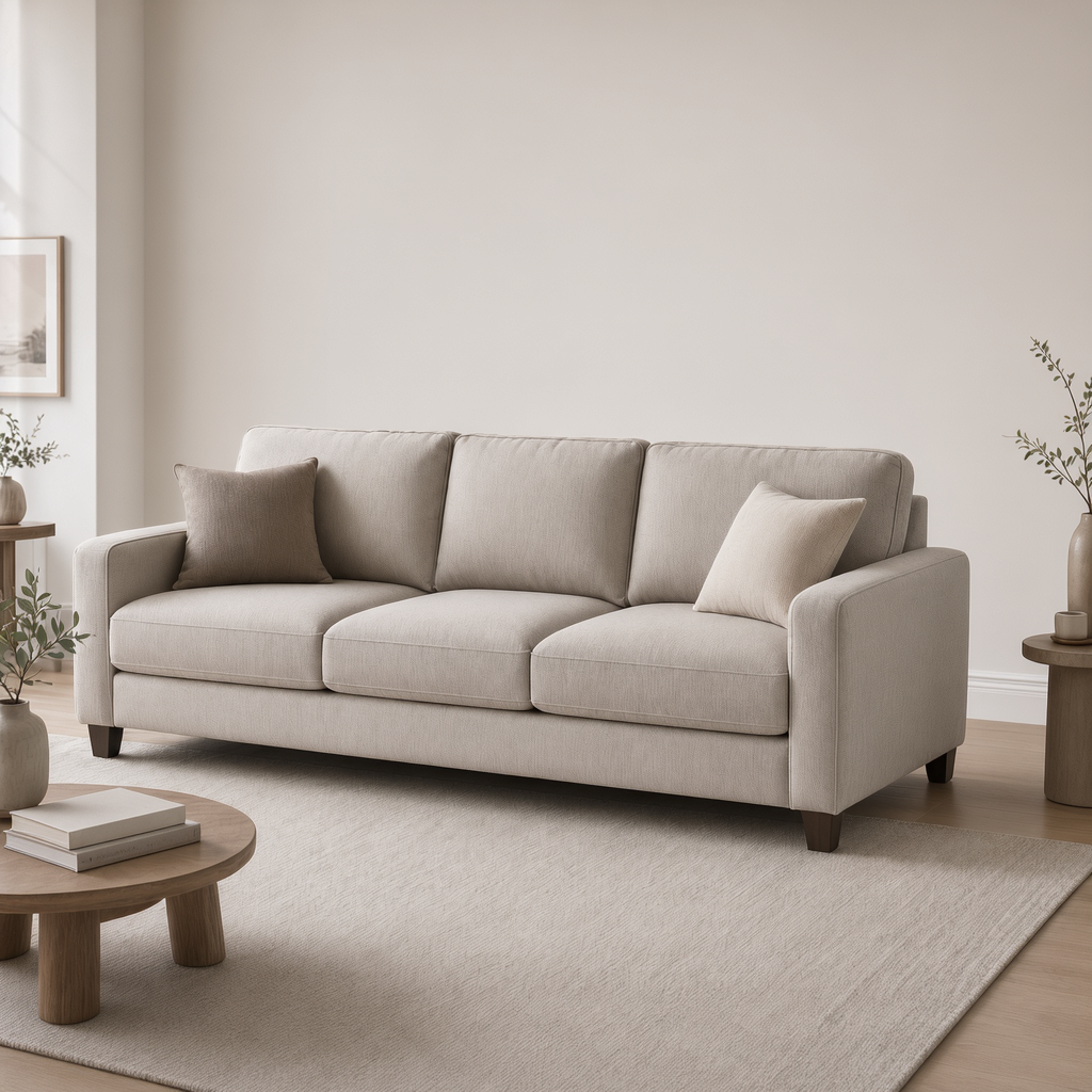 A light beige upholstered three-seat sofa with two matching throw pillows, shown in a minimalist living room setting with a wooden coffee table, a large neutral rug, and soft natural light.