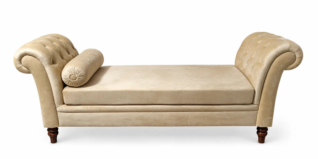 Luxury handcrafted beige Chesterfield chaise lounge with rolled arms and velvet upholstery by Abdul Hameed Furniture