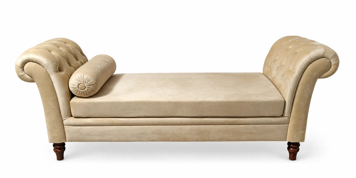 Luxury handcrafted beige Chesterfield chaise lounge with rolled arms and velvet upholstery by Abdul Hameed Furniture