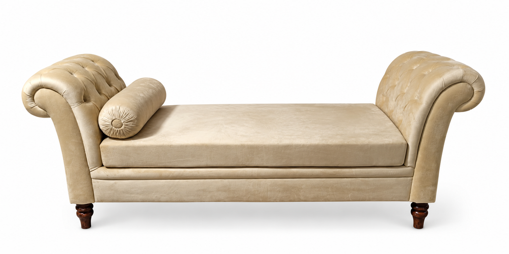 Luxury handcrafted beige Chesterfield chaise lounge with rolled arms and velvet upholstery by Abdul Hameed Furniture