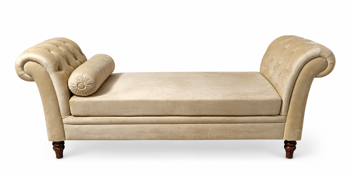 Luxury handcrafted beige Chesterfield chaise lounge with rolled arms and velvet upholstery by Abdul Hameed Furniture