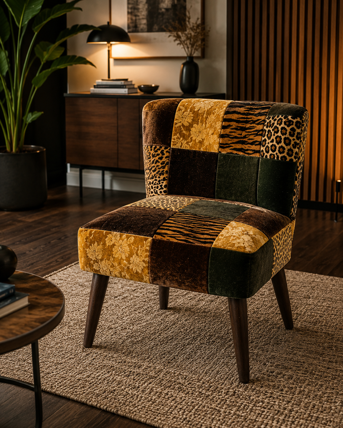 Patchwork Velvet Accent Chair – Leopard & Tiger Print on Solid Kikar Wood