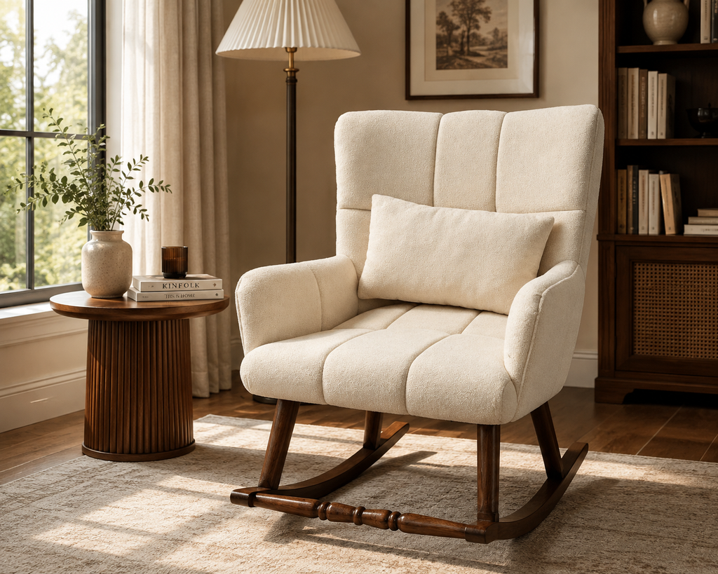 Handcrafted Upholstered Rocking Chair – Solid Kikar Wood &amp; Comfortable Foam