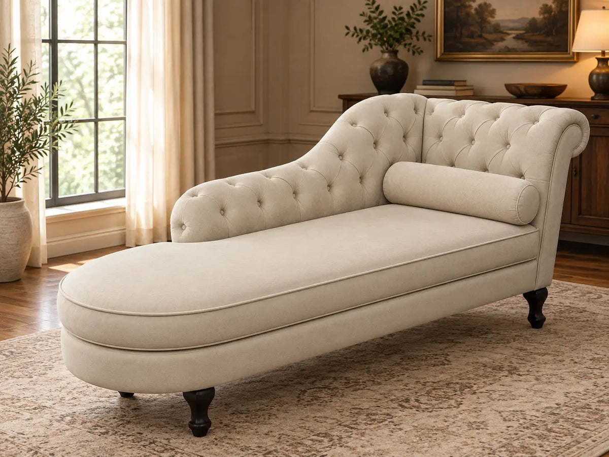 Handcrafted Cream Tufted Chaise Lounge | Solid Kikar Wood & Molty Foam