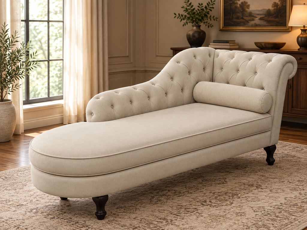 Handcrafted Cream Tufted Chaise Lounge | Solid Kikar Wood & Molty Foam