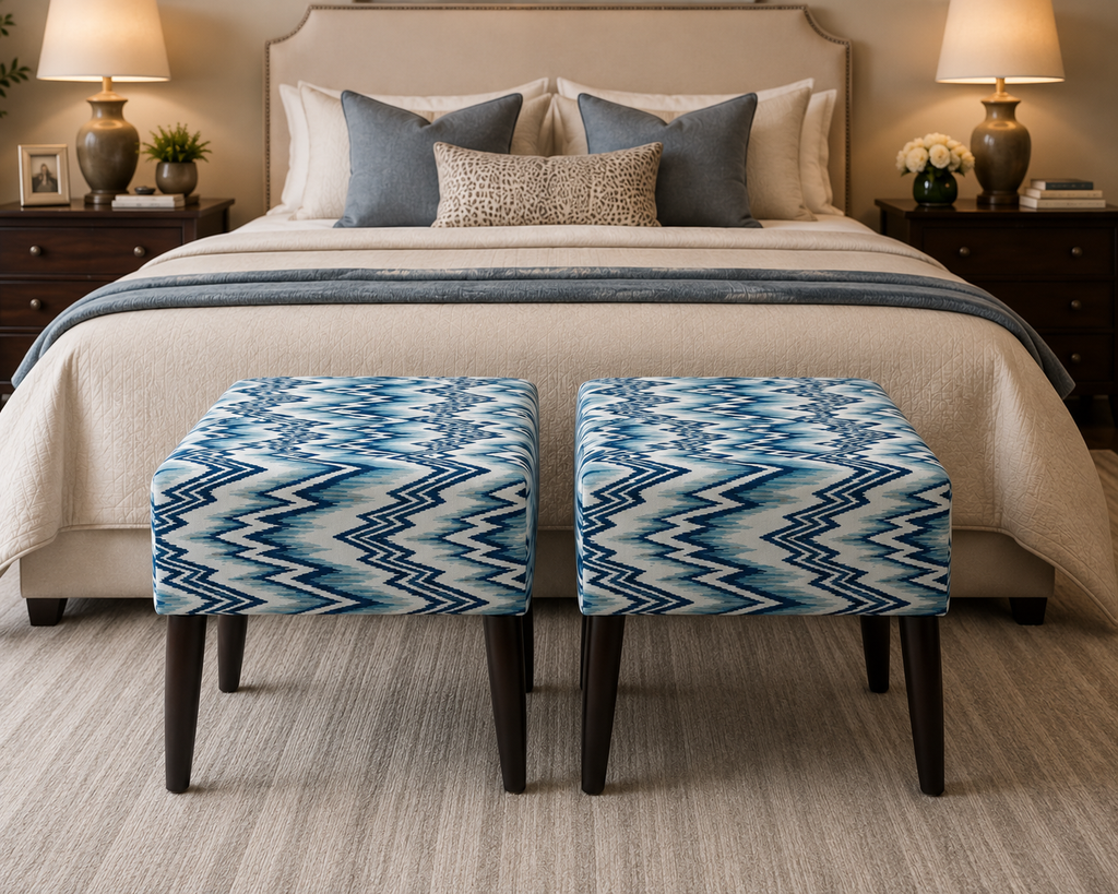 Blue & White Geometric Upholstered Ottoman Stool Pair – Solid Kikar Wood & MoltyFoam