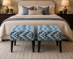 Blue & White Geometric Upholstered Ottoman Stool Pair – Solid Kikar Wood & MoltyFoam