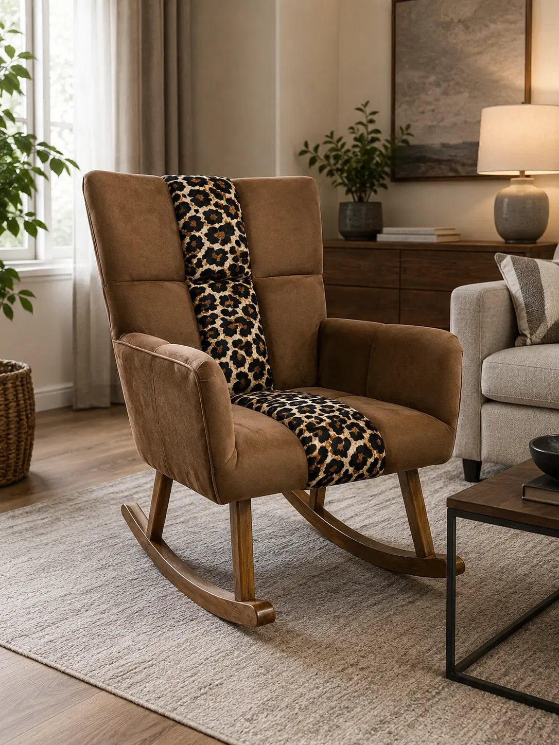 A brown velvet rocking chair with wooden rockers in a styled living room, featuring a leopard-print throw blanket draped over the back and seat.